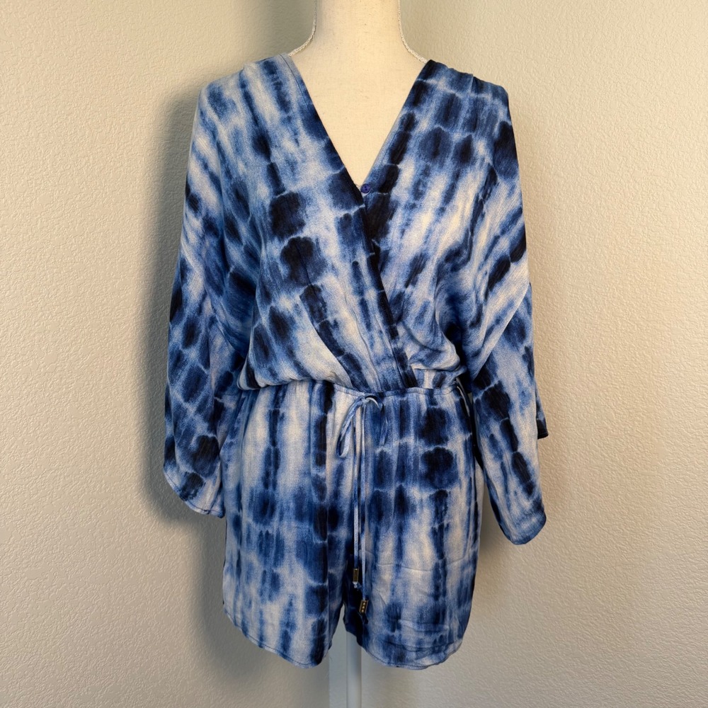 Fraiche by‎ J Romper Womens Medium Blue Tie Dye Wrap Drawstring Boho Casual